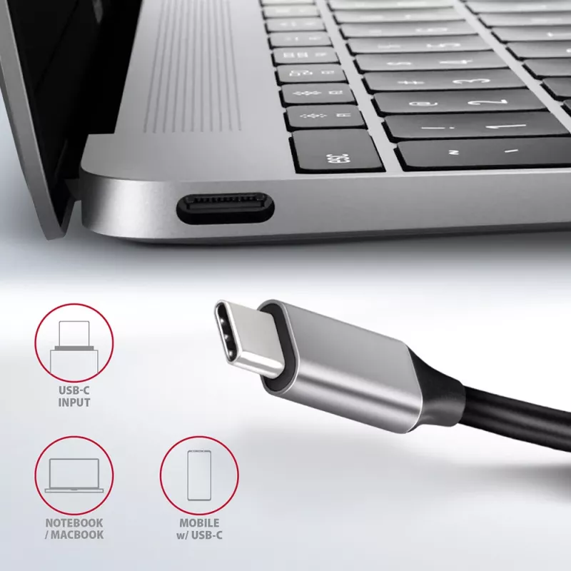 Axagon HMC-6GL USB 3.2 Gen 1 centrmezgls, 3x USB-A, HDMI 4k/30Hz, RJ-45, PD 100W, 20 cm USB-C kabelis