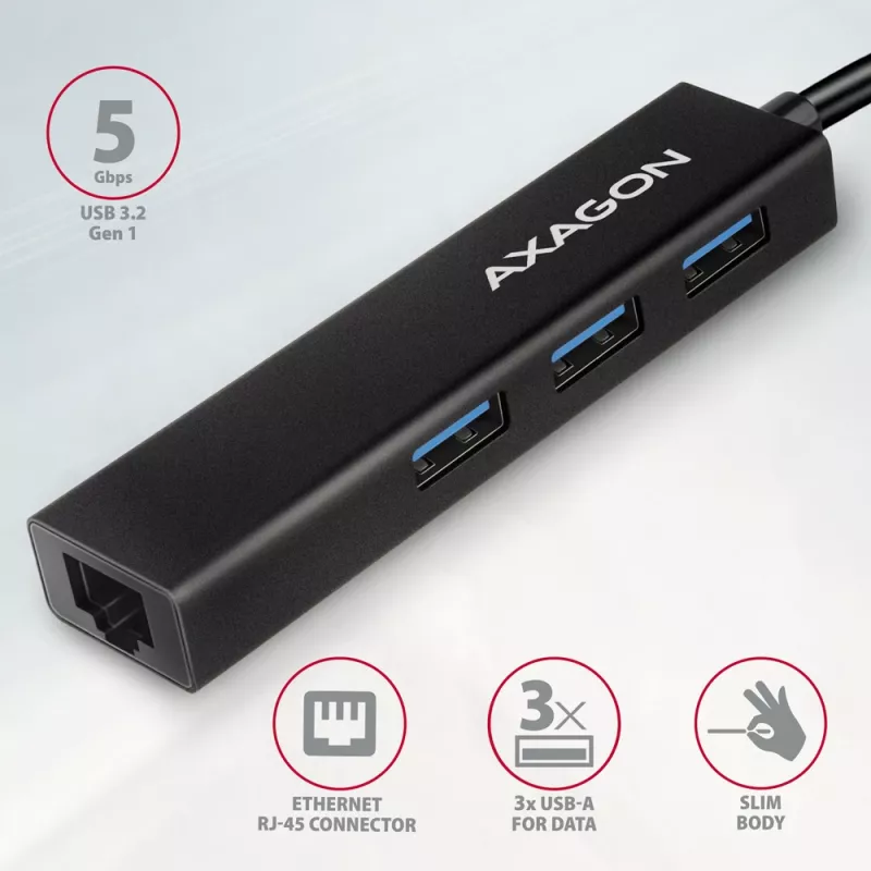 USB-C centrmezgls Axagon HMC-GL3A 3x USB-A Gbit-LAN Melns