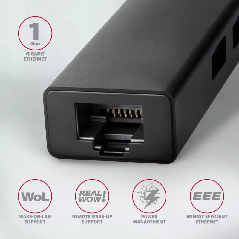 USB-C centrmezgls Axagon HMC-GL3A 3x USB-A Gbit-LAN Melns