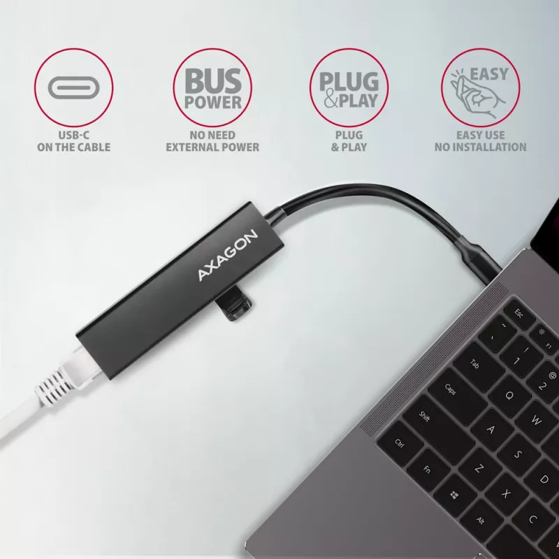 USB-C centrmezgls Axagon HMC-GL3A 3x USB-A Gbit-LAN Melns