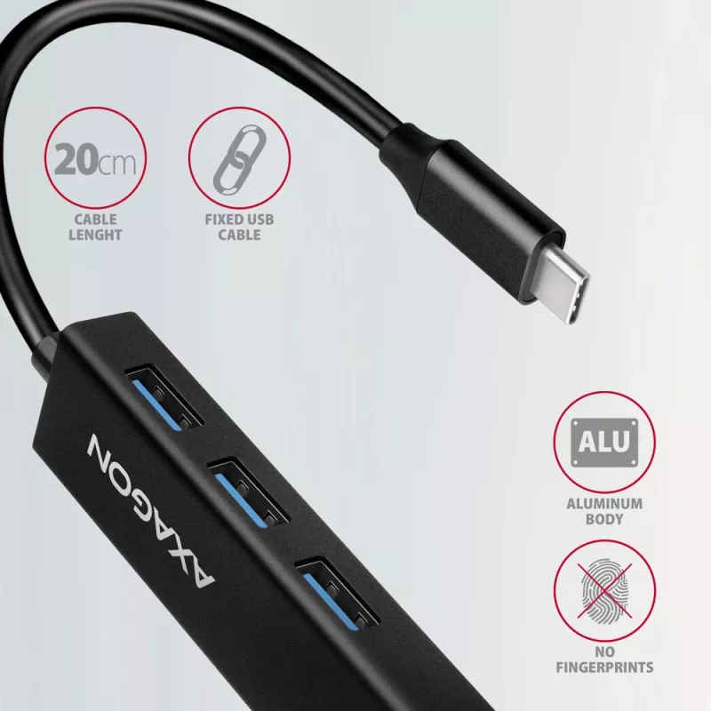 USB-C centrmezgls Axagon HMC-GL3A 3x USB-A Gbit-LAN Melns