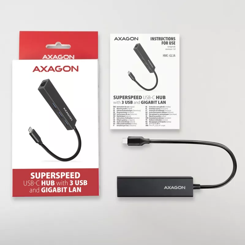 USB-C centrmezgls Axagon HMC-GL3A 3x USB-A Gbit-LAN Melns
