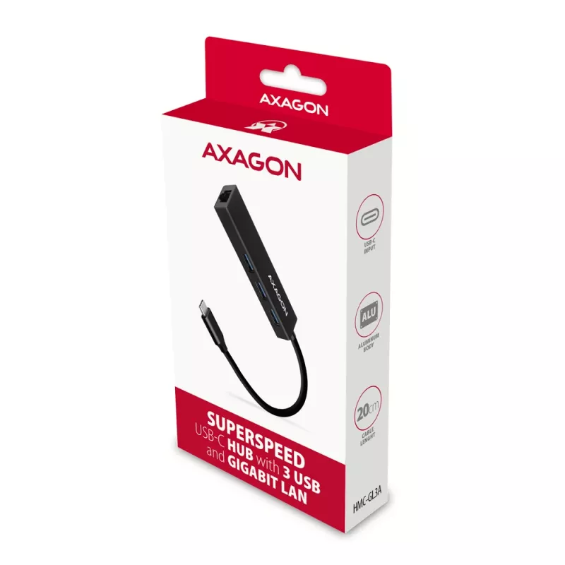 USB-C centrmezgls Axagon HMC-GL3A 3x USB-A Gbit-LAN Melns