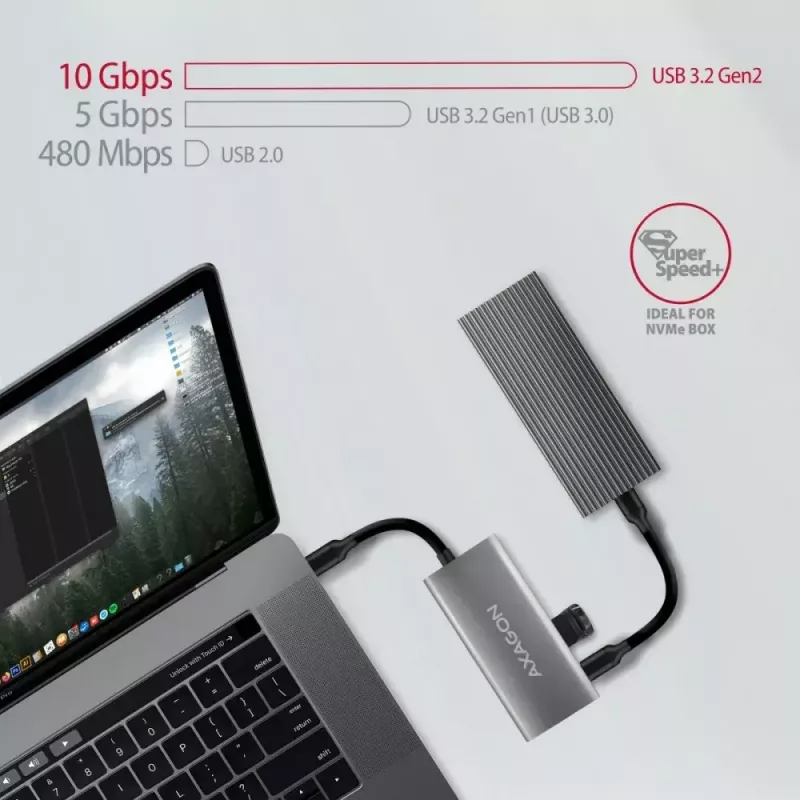 AXAGON HMC-4G2, USB-C 3.2 Gen 2 10 Gb/s centrmezgls, porti 2x USB-A + 2x USB-C, USB-C kabelis 13 cm