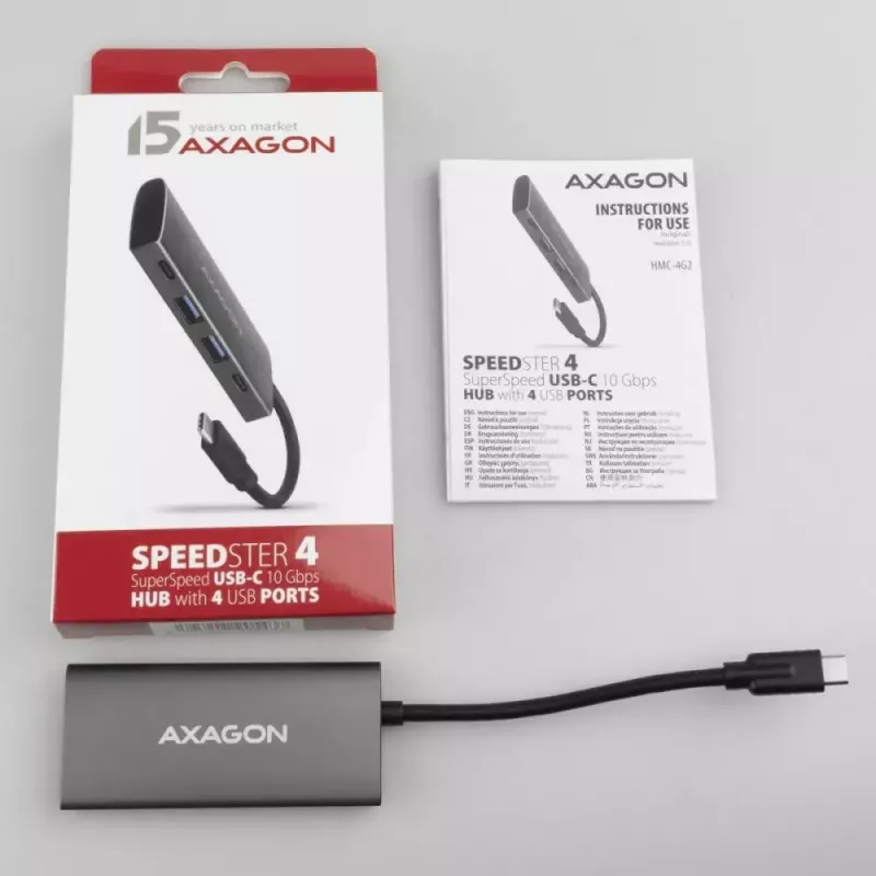 AXAGON HMC-4G2, USB-C 3.2 Gen 2 10 Gb/s centrmezgls, porti 2x USB-A + 2x USB-C, USB-C kabelis 13 cm