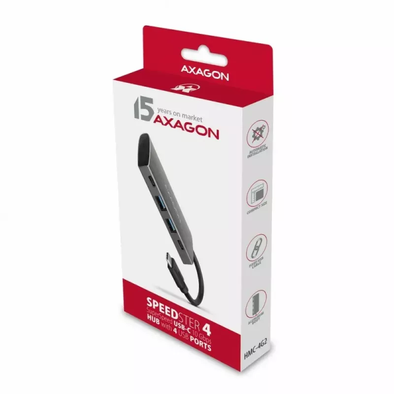 AXAGON HMC-4G2, USB-C 3.2 Gen 2 10 Gb/s centrmezgls, porti 2x USB-A + 2x USB-C, USB-C kabelis 13 cm