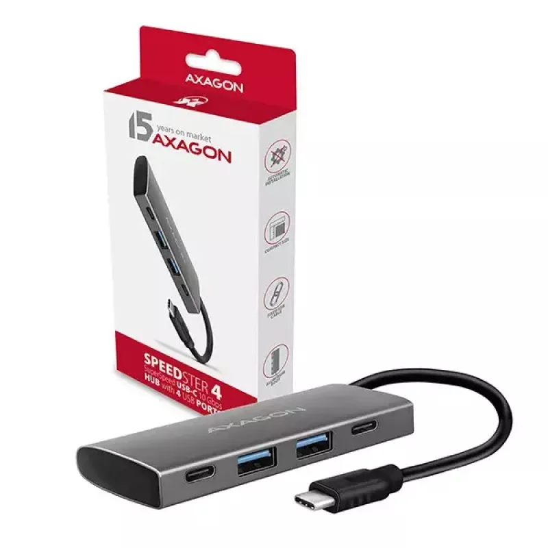 AXAGON HMC-4G2, USB-C 3.2 Gen 2 10 Gb/s centrmezgls, porti 2x USB-A + 2x USB-C, USB-C kabelis 13 cm