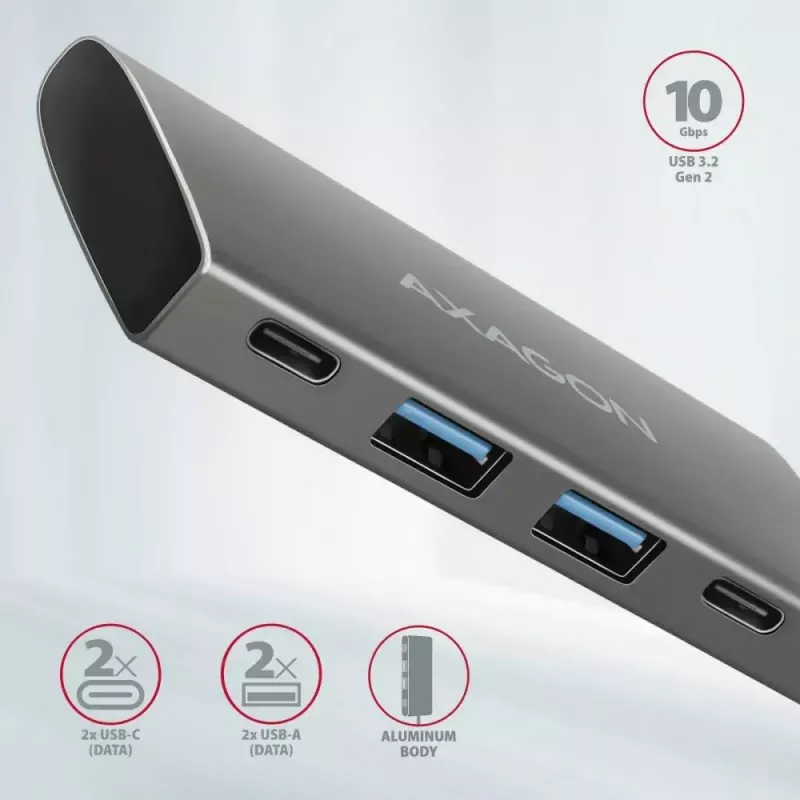 AXAGON HMC-4G2, USB-C 3.2 Gen 2 10 Gb/s centrmezgls, porti 2x USB-A + 2x USB-C, USB-C kabelis 13 cm