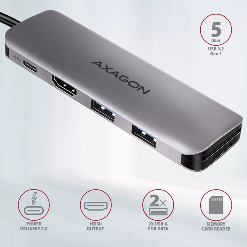 Axagon HMC-5 USB 3.2 Gen 1 centrmezgls, 2x USB-A, HDMI, SD/microSD, PD 100W, 20cm USB-C kabelis