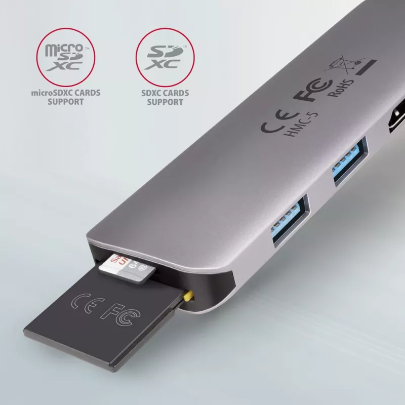 Axagon HMC-5 USB 3.2 Gen 1 centrmezgls, 2x USB-A, HDMI, SD/microSD, PD 100W, 20cm USB-C kabelis