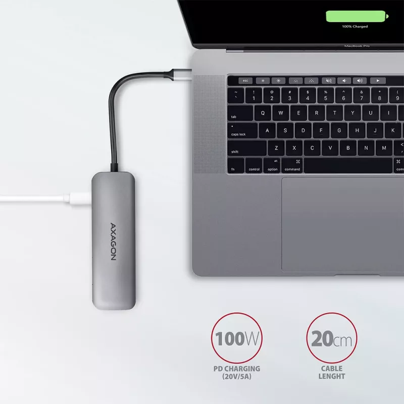Axagon HMC-5 USB 3.2 Gen 1 centrmezgls, 2x USB-A, HDMI, SD/microSD, PD 100W, 20cm USB-C kabelis