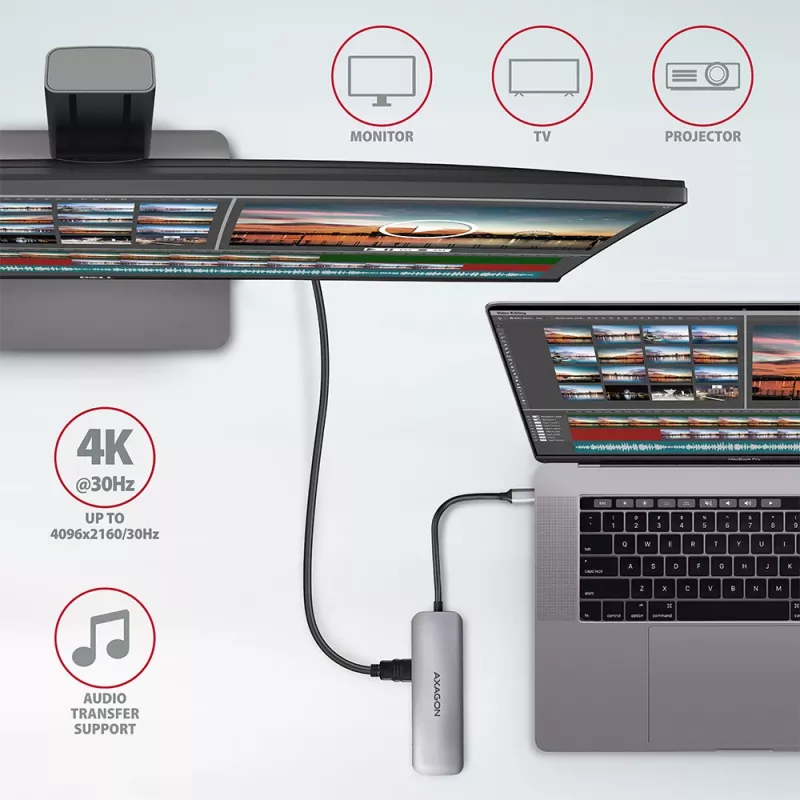 Axagon HMC-5 USB 3.2 Gen 1 centrmezgls, 2x USB-A, HDMI, SD/microSD, PD 100W, 20cm USB-C kabelis
