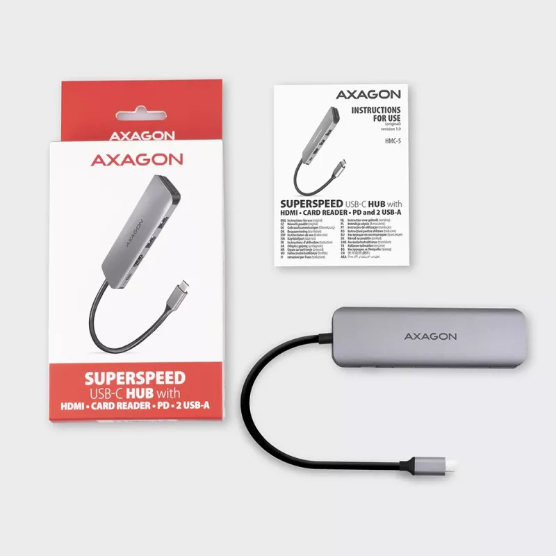 Axagon HMC-5 USB 3.2 Gen 1 centrmezgls, 2x USB-A, HDMI, SD/microSD, PD 100W, 20cm USB-C kabelis