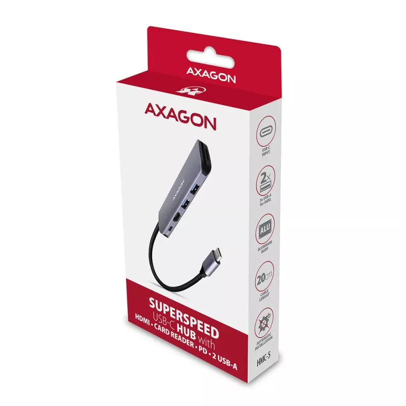 Axagon HMC-5 USB 3.2 Gen 1 centrmezgls, 2x USB-A, HDMI, SD/microSD, PD 100W, 20cm USB-C kabelis