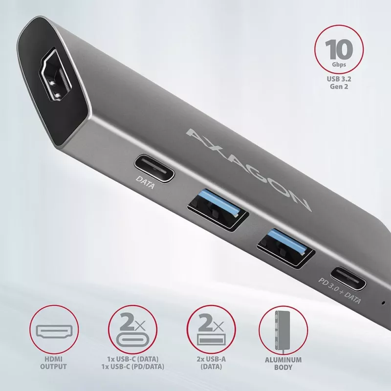 Axagon HMC-5G2 SPEEDSTER 5 vienā USB-C centrmezgls, 2x USB-A, 2x USB-C, HDMI, PD 60 W