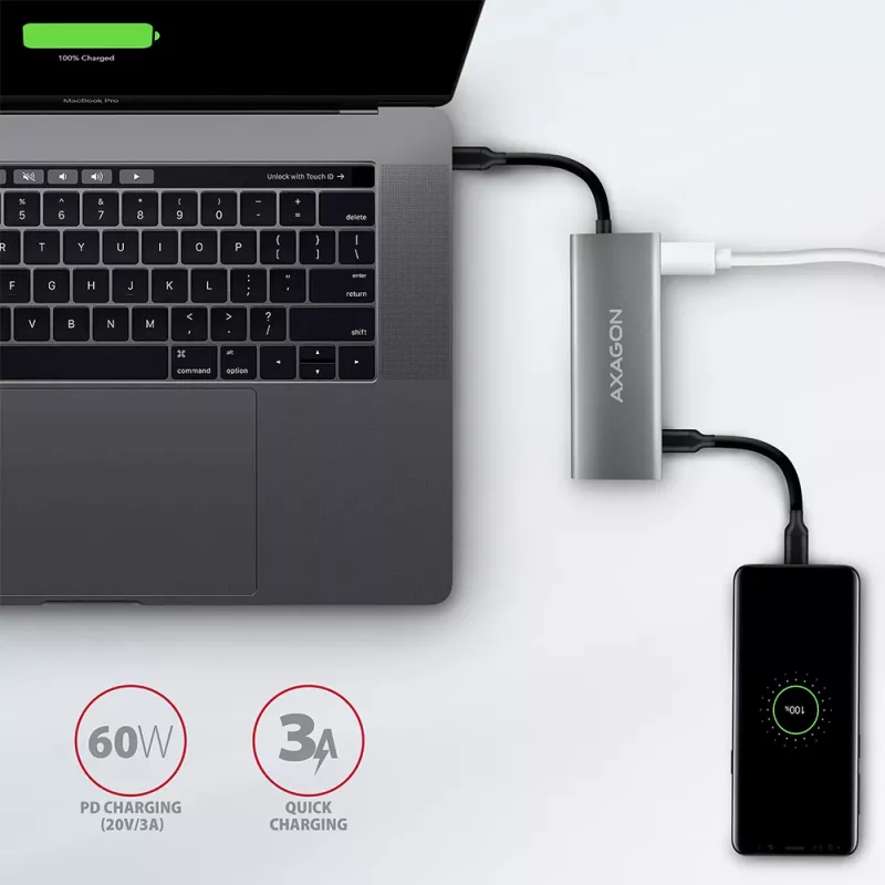Axagon HMC-5G2 SPEEDSTER 5 vienā USB-C centrmezgls, 2x USB-A, 2x USB-C, HDMI, PD 60 W