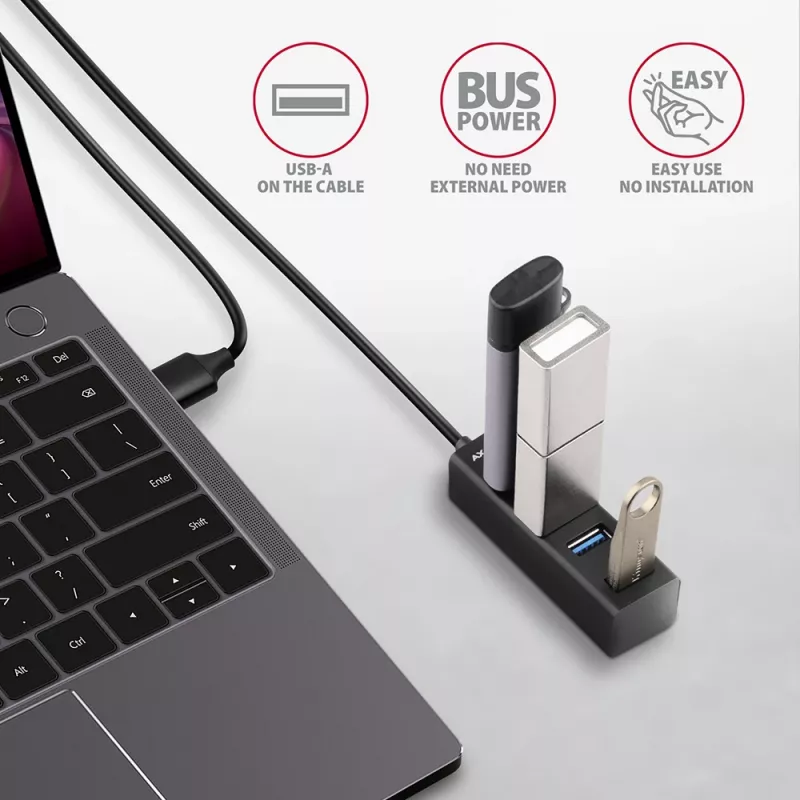 Axagon HUE-M1AL 4x USB 3.2 Gen 1 MINI centrmezgls, metāls, 1,2 m USB-A kabelis