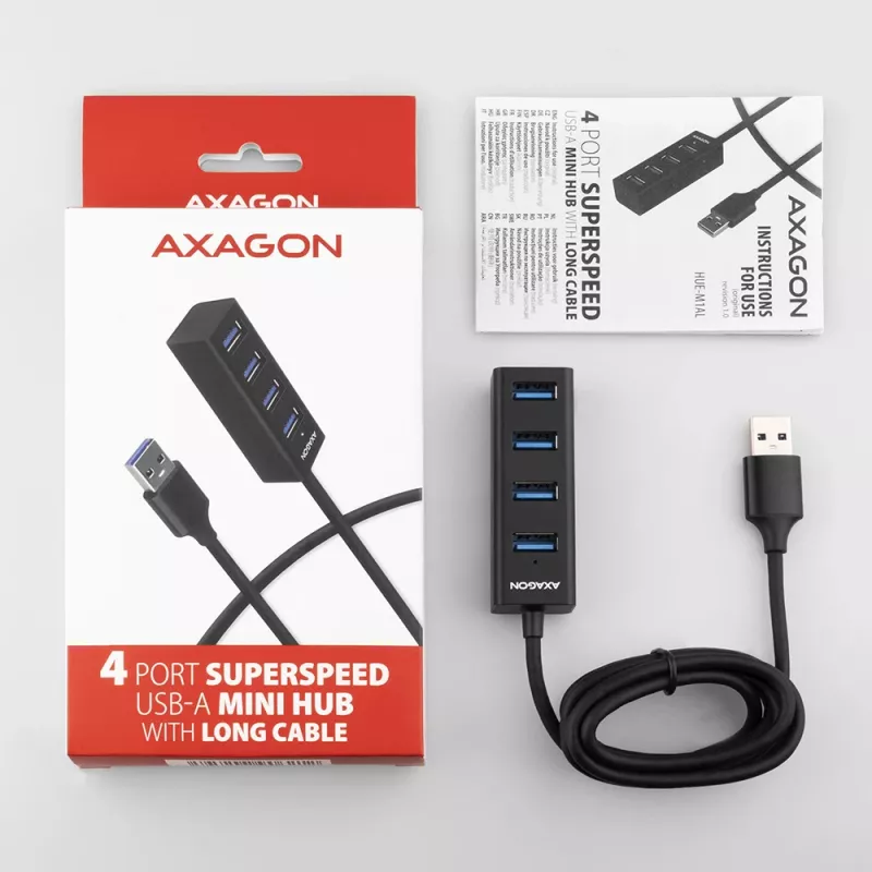 Axagon HUE-M1AL 4x USB 3.2 Gen 1 MINI centrmezgls, metāls, 1,2 m USB-A kabelis