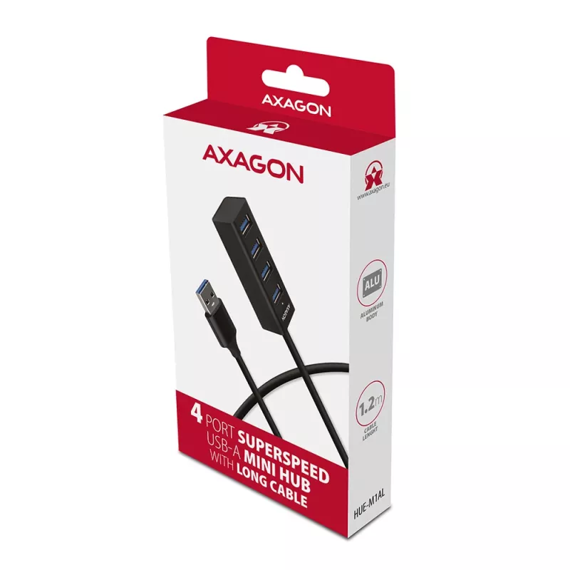 Axagon HUE-M1AL 4x USB 3.2 Gen 1 MINI centrmezgls, metāls, 1,2 m USB-A kabelis