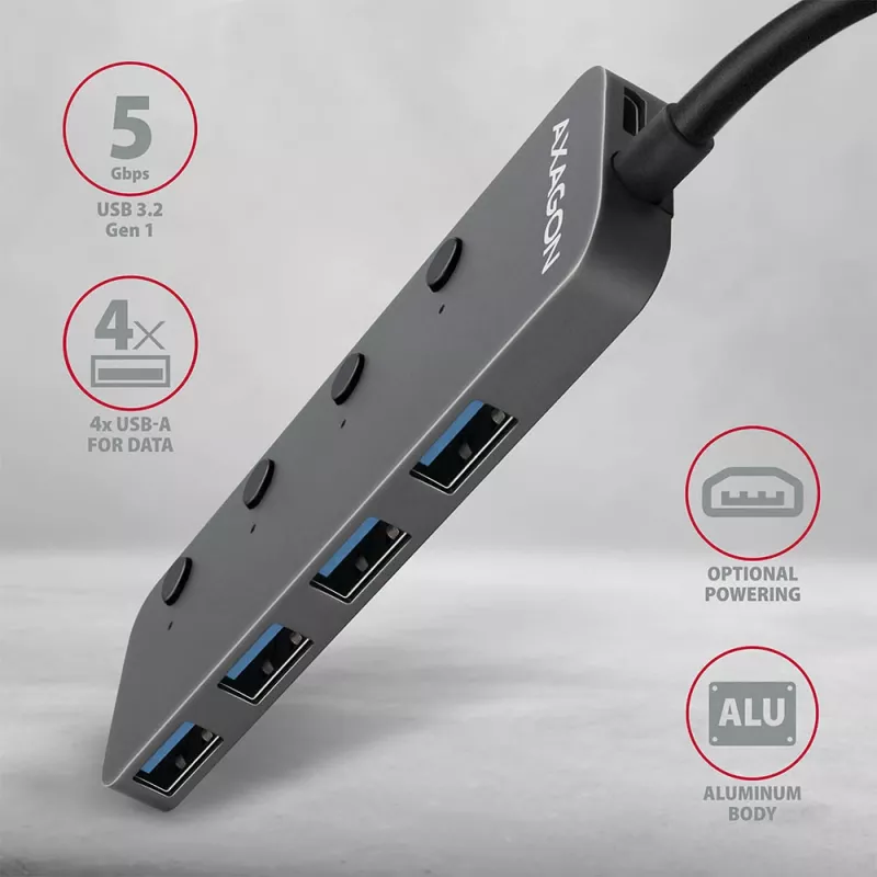 Axagon HUE-MSA Superspeed USB-A Switch Hub 4x USB 3.0 Active - 20cm Black USB 3.2 Gen 1 (3.1 Gen 1) Type-A 5000 Mbit/s Grey