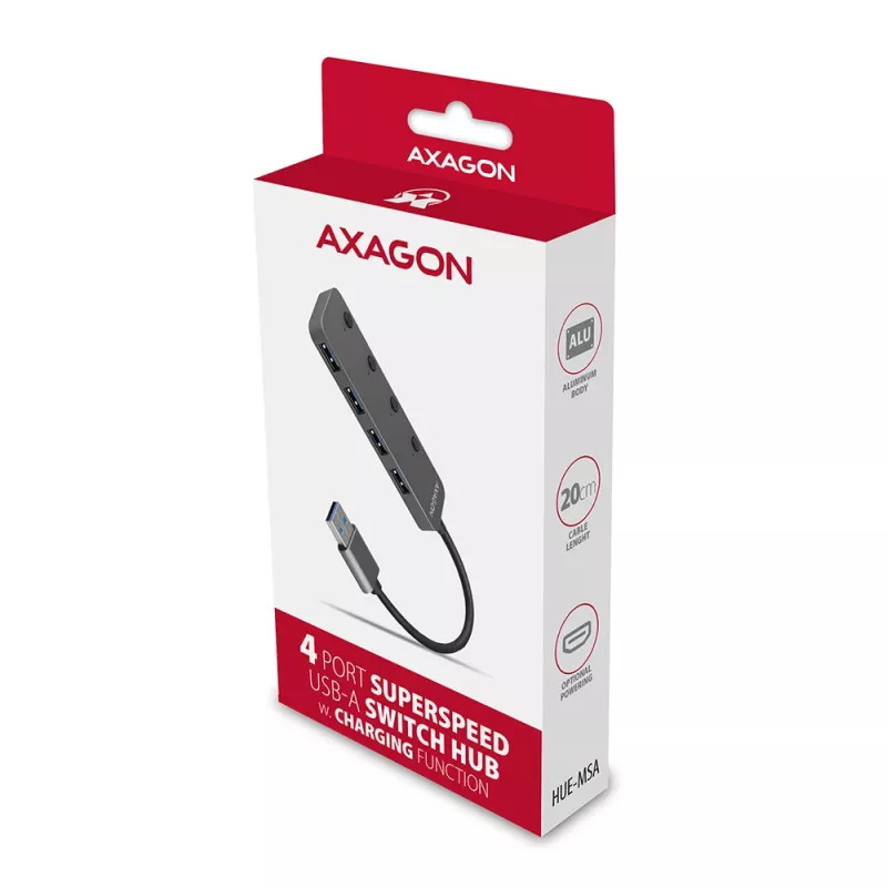 Axagon HUE-MSA Superspeed USB-A Switch Hub 4x USB 3.0 Active - 20cm Black USB 3.2 Gen 1 (3.1 Gen 1) Type-A 5000 Mbit/s Grey
