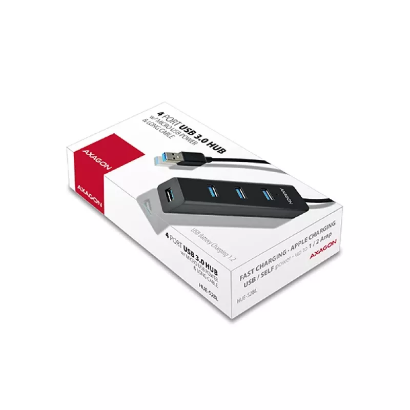 Axagon HUE-S2BL 4x USB 3.0 CHARGING centrmezgls ar 1,2 m kabeli, micro USB barošana