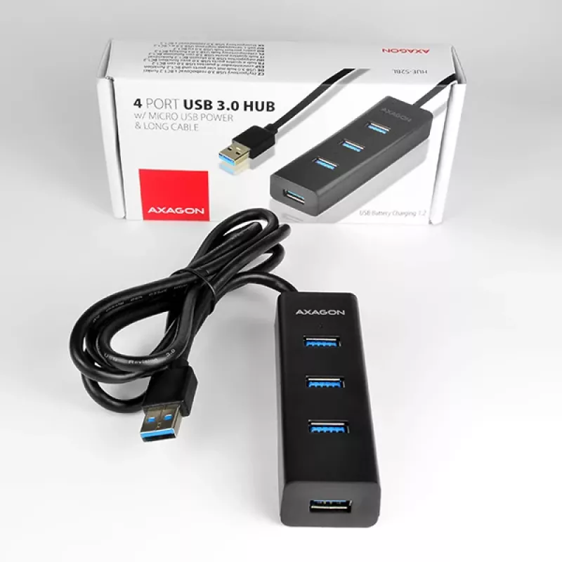 Axagon HUE-S2BL 4x USB 3.0 CHARGING centrmezgls ar 1,2 m kabeli, micro USB barošana