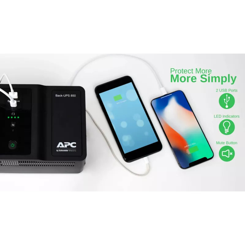 APC Back-UPS BE850G2-GR - Avārijas barošanas bloks 8 kontaktligzdas, 850VA, 2 USB lādētāji, 1 USB datu ports