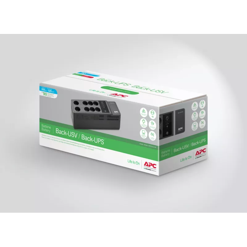 APC Back-UPS BE850G2-GR - Avārijas barošanas bloks 8 kontaktligzdas, 850VA, 2 USB lādētāji, 1 USB datu ports