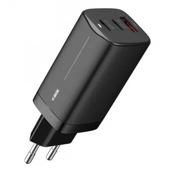 Maiņstrāvas mobilo ierīču lādētājs IBOX ILUC65B — 65 W, 3x USB (2x USB‑A Gen1, 1x USB‑C), melns, 100–240 V