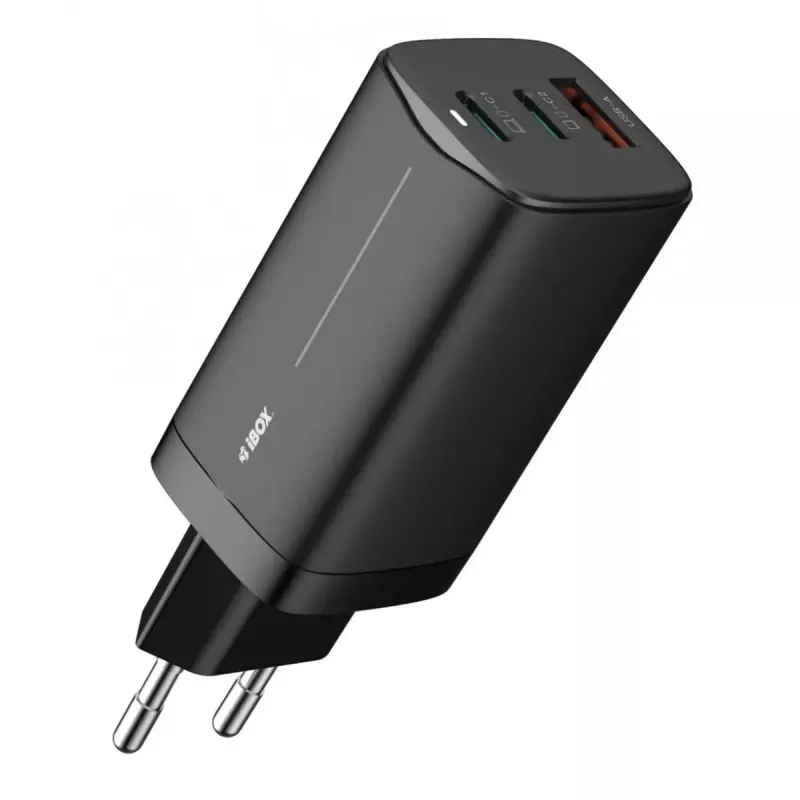 Maiņstrāvas mobilo ierīču lādētājs IBOX ILUC65B — 65 W, 3x USB (2x USB‑A Gen1, 1x USB‑C), melns, 100–240 V