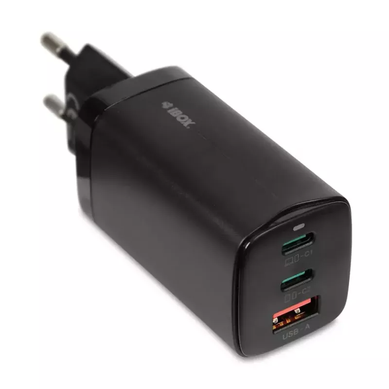 Maiņstrāvas mobilo ierīču lādētājs IBOX ILUC65B — 65 W, 3x USB (2x USB‑A Gen1, 1x USB‑C), melns, 100–240 V