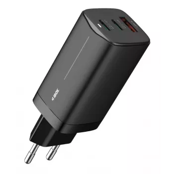 Maiņstrāvas mobilo ierīču lādētājs IBOX ILUC65B — 65 W, 3x USB (2x USB‑A Gen1, 1x USB‑C), melns, 100–240 V