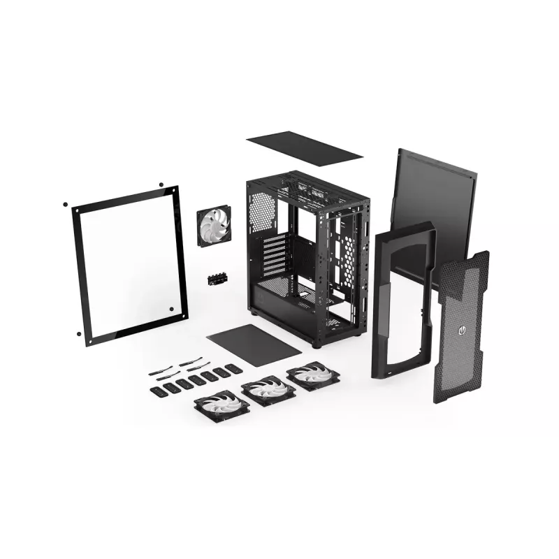 PC korpuss ENDORFY Regnum 400 ARGB Tower Black — ATX, rūdīts stikls, ARGB, 3x120mm priekšā, 1x120mm aizmugurē, atbalsta GPU līdz 37 cm