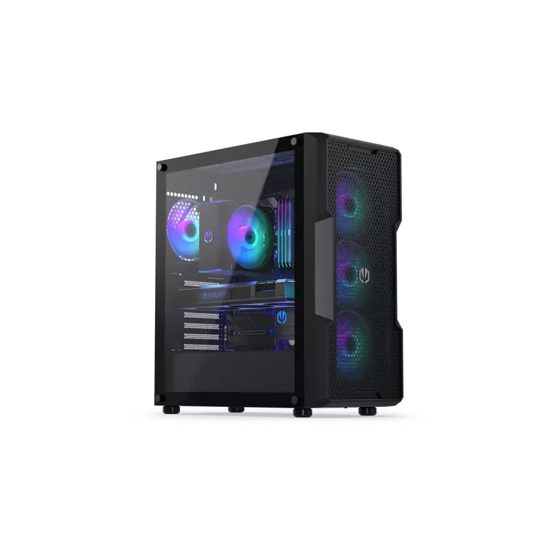 PC korpuss ENDORFY Regnum 400 ARGB Tower Black — ATX, rūdīts stikls, ARGB, 3x120mm priekšā, 1x120mm aizmugurē, atbalsta GPU līdz 37 cm