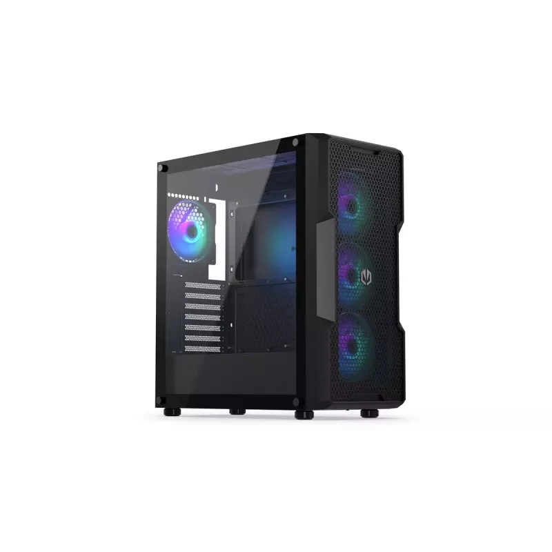 PC korpuss ENDORFY Regnum 400 ARGB Tower Black — ATX, rūdīts stikls, ARGB, 3x120mm priekšā, 1x120mm aizmugurē, atbalsta GPU līdz 37 cm