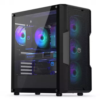 PC korpuss ENDORFY Regnum 400 ARGB Tower Black — ATX, rūdīts stikls, ARGB, 3x120mm priekšā, 1x120mm aizmugurē, atbalsta GPU līdz 37 cm