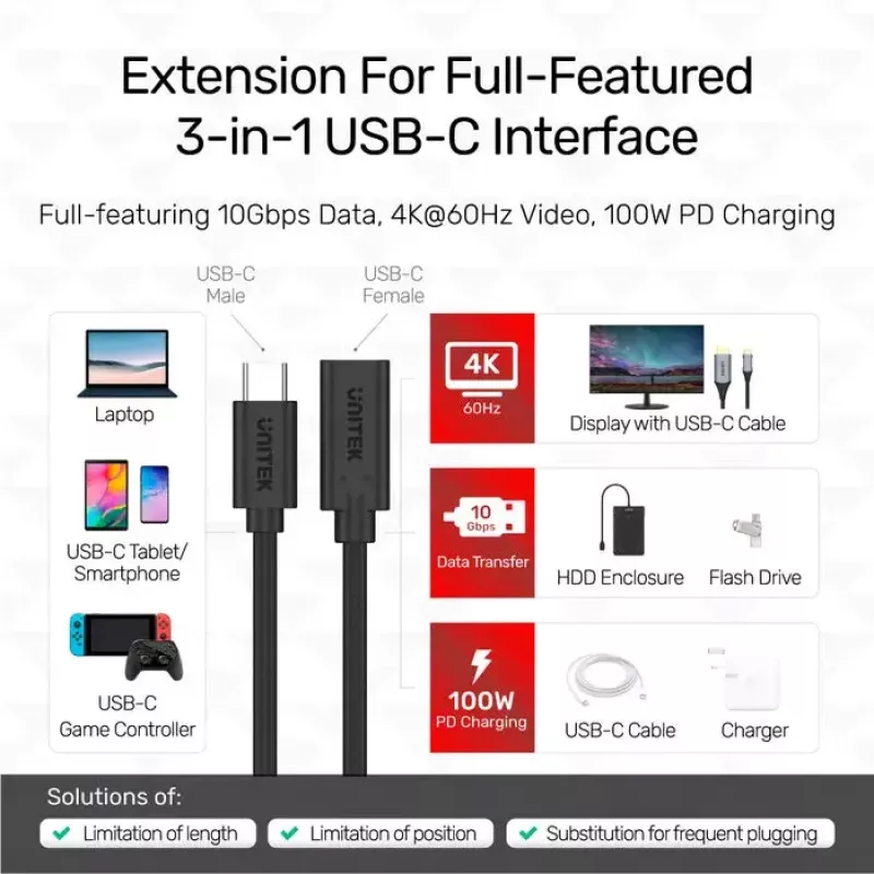 USB-C–USB-C kabelis Unitek C14086BK-1.5M — USB 3.2 Gen 2, 10 Gbit/s, 5 m, melns