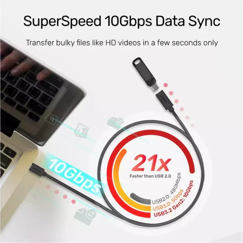 USB-C–USB-C kabelis Unitek C14086BK-1.5M — USB 3.2 Gen 2, 10 Gbit/s, 5 m, melns