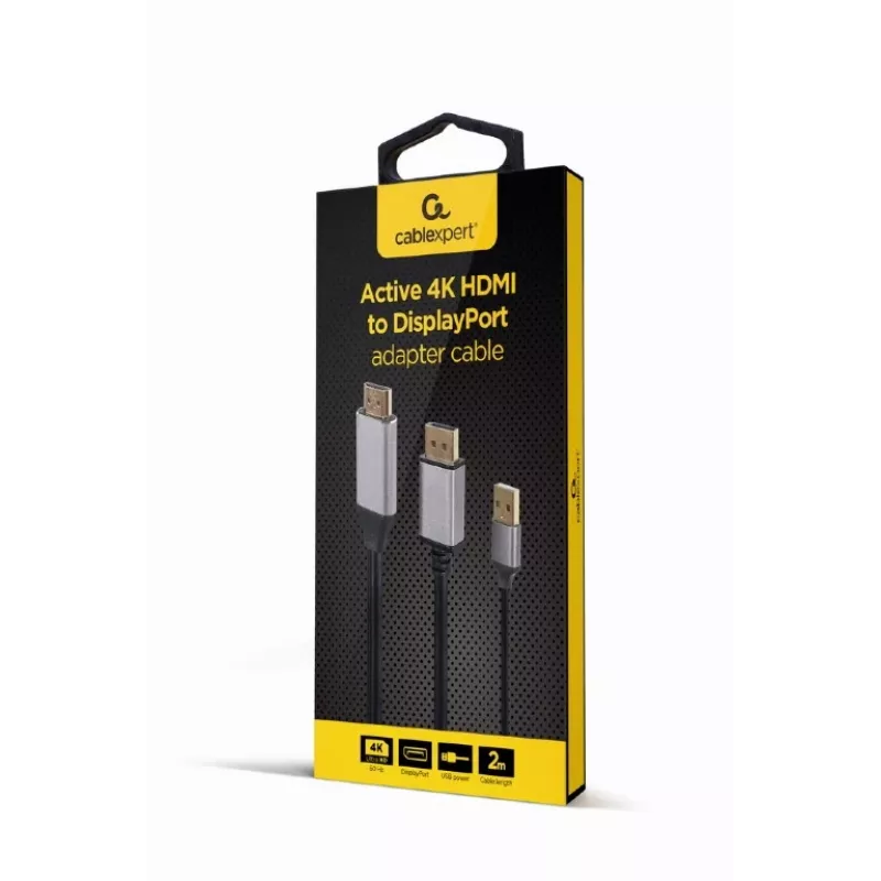 GEMBIRD Aktīvs 4K HDMI vīriešu–DisplayPort vīriešu adaptera kabelis, 2 m – Melns