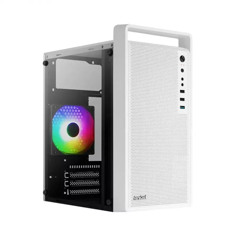 Datora korpuss AEROCOOL PGS CS-109-G-WT-v1 Mini Tornis SPCC balts — microATX, līdz 26 cm GPU, FRGB, sieta priekšpuse