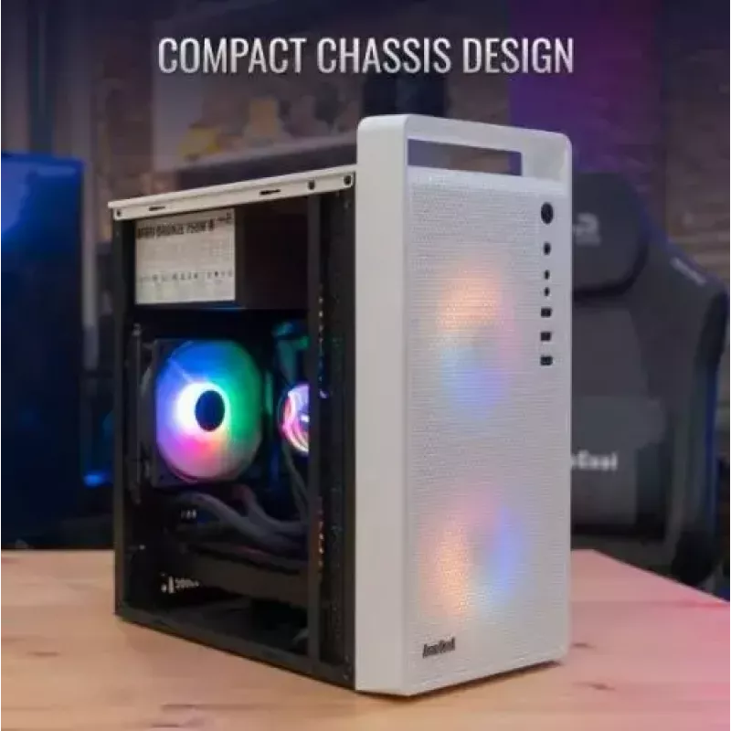 Datora korpuss AEROCOOL PGS CS-109-G-WT-v1 Mini Tornis SPCC balts — microATX, līdz 26 cm GPU, FRGB, sieta priekšpuse