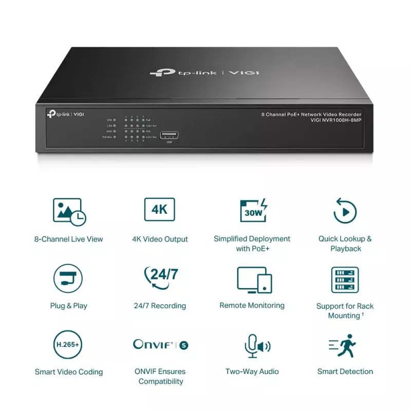 TP-Link VIGI 8 kanālu PoE+ tīkla video reģistrators
