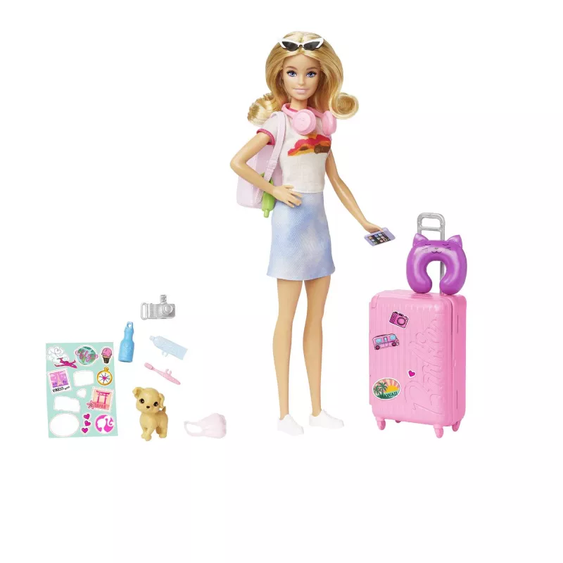 Barbie Dreamhouse Adventures lelle un aksesuāri, “Malibu” ceļojumu komplekts ar kucēnu un 10+ detaļām, ieskaitot darbspējīgu čemodānu