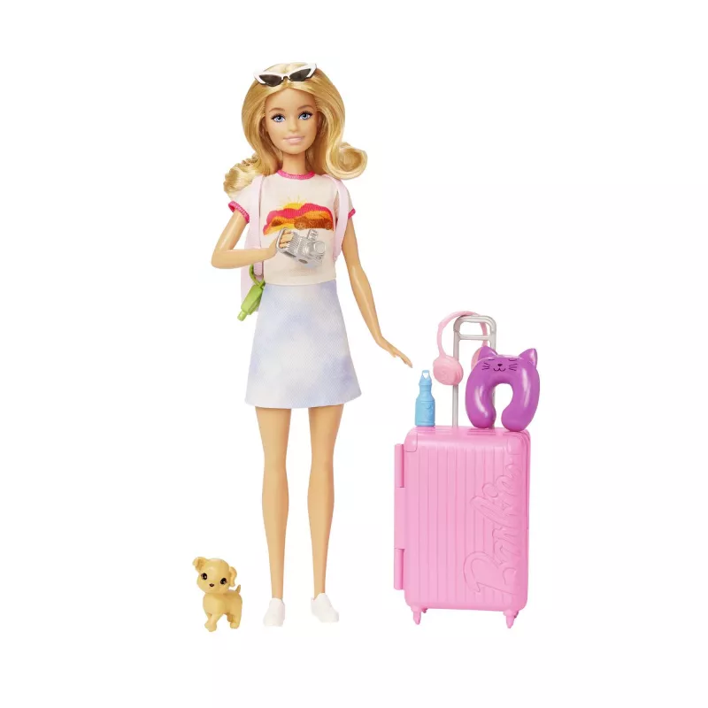 Barbie Dreamhouse Adventures lelle un aksesuāri, “Malibu” ceļojumu komplekts ar kucēnu un 10+ detaļām, ieskaitot darbspējīgu čemodānu