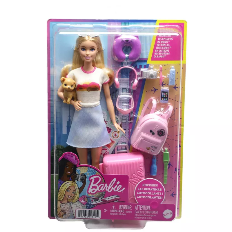 Barbie Dreamhouse Adventures lelle un aksesuāri, “Malibu” ceļojumu komplekts ar kucēnu un 10+ detaļām, ieskaitot darbspējīgu čemodānu