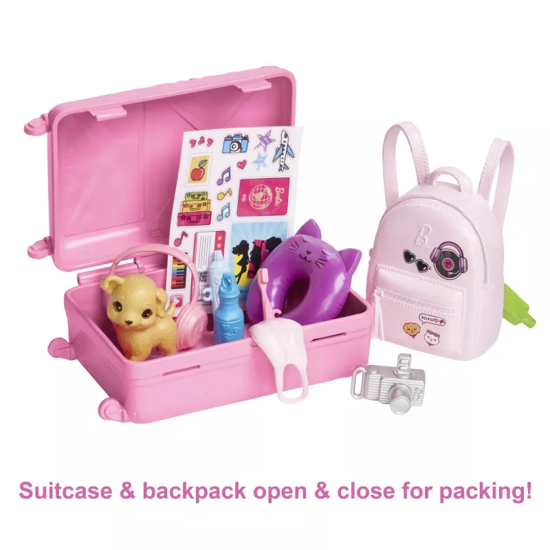 Barbie Dreamhouse Adventures lelle un aksesuāri, “Malibu” ceļojumu komplekts ar kucēnu un 10+ detaļām, ieskaitot darbspējīgu čemodānu