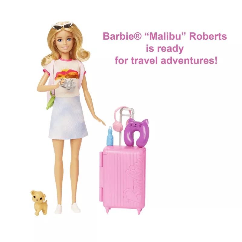 Barbie Dreamhouse Adventures lelle un aksesuāri, “Malibu” ceļojumu komplekts ar kucēnu un 10+ detaļām, ieskaitot darbspējīgu čemodānu