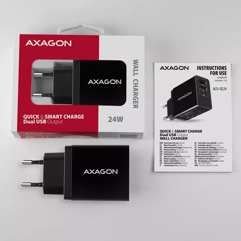Axagon ACU-QS24 QUICK and SMART sienas lādētājs, 2x USB ports QC3.0/AFC/FCP + 5V-1.2A, 24W