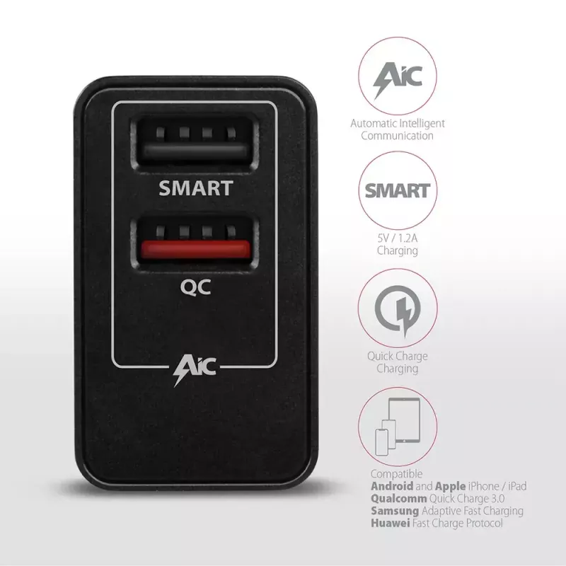 Axagon ACU-QS24 QUICK and SMART sienas lādētājs, 2x USB ports QC3.0/AFC/FCP + 5V-1.2A, 24W